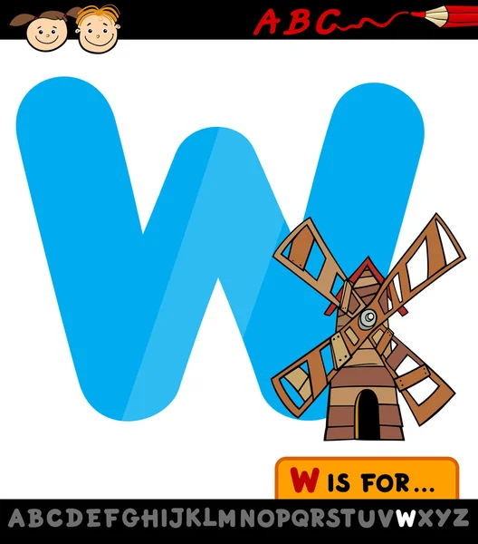Carta w com moinho de vento desenho animado ilustração —  Vetores de Stock
