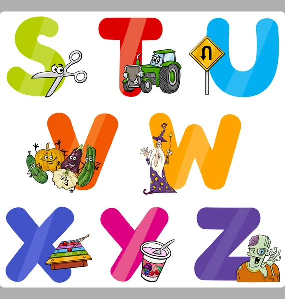Educação Cartas do alfabeto dos desenhos animados para crianças —  Vetores de Stock