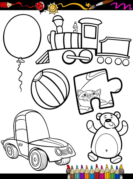 Cartoon speelgoed objecten kleuren pagina — Stockvector