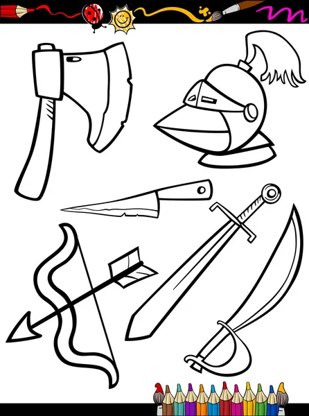 Cartoon weapons objects coloring page — Stock Vector