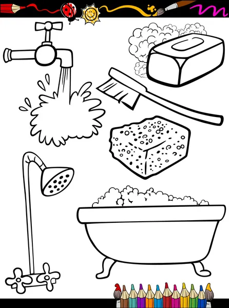 Desenhos animados higiene objetos colorir página —  Vetores de Stock