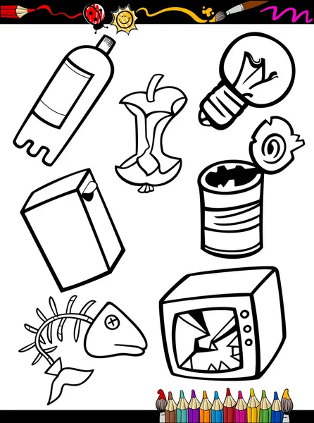 Cartoon garbage objects coloring page — Stock Vector