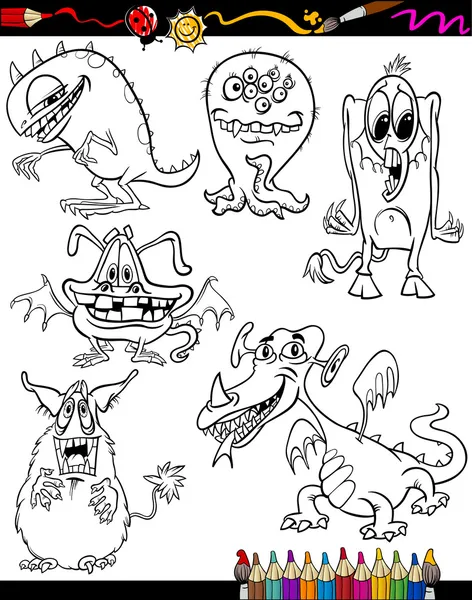 Conjunto de desenhos animados de monstros para colorir livro —  Vetores de Stock