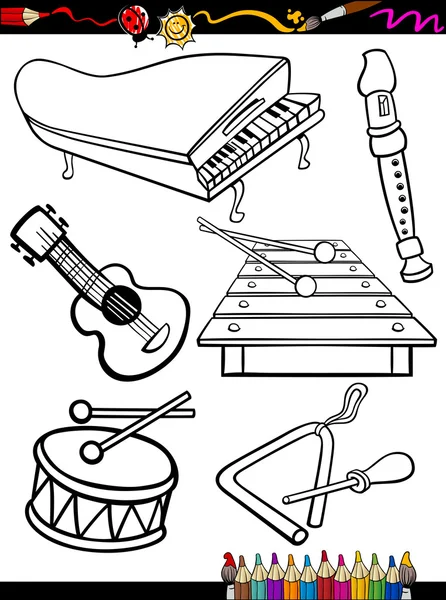 Cartoon music instruments coloring page — Stock Vector