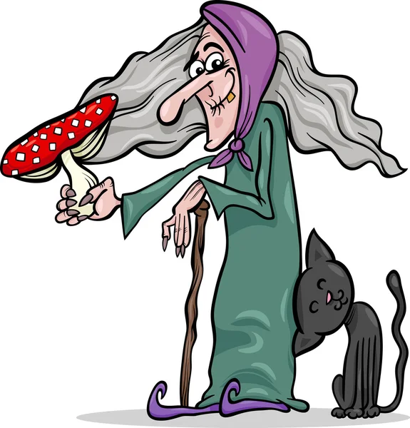 Witch met paddestoel cartoon illustratie — Stockvector