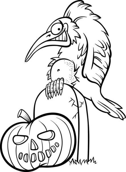 Abóbora halloween com desenhos animados corvo — Vetor de Stock