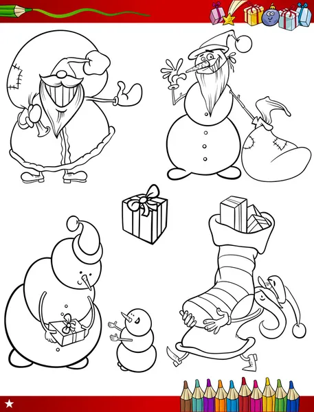 Cartoon christmas themes coloring page — Stock Vector