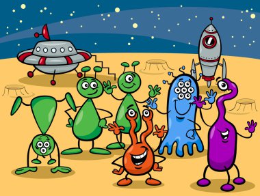 UFO uzaylılar grup karikatür çizimi