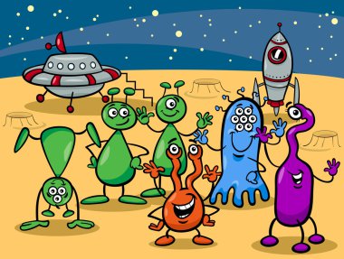 ufo aliens group cartoon illustration clipart