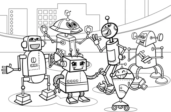 Dibujos animados grupo robots para colorear página — Vector de stock