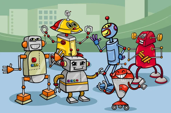 Grupo de robots ilustración de dibujos animados — Vector de stock