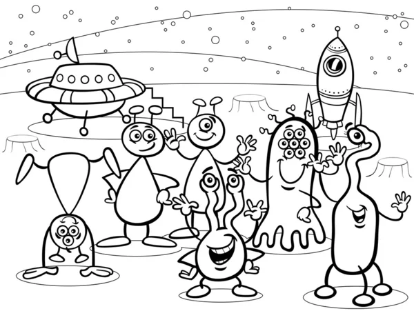 Karikatur Ufo Aliens Gruppe Malbuch — Stockvektor