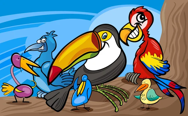 Aves exóticas grupo desenho animado ilustração —  Vetores de Stock