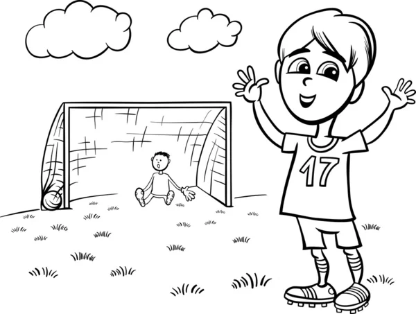 Niño jugando fútbol para colorear página — Vector de stock