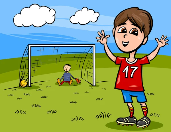 Мальчик играет в футбол иллюстрации мультфильма — стоковый вектор