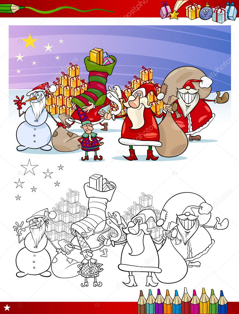Colorare libro o pagina illustrazione fumetto di temi set con gruppo di Babbo Natale con regali di Natale e decorazioni per bambini — Vettoriali di