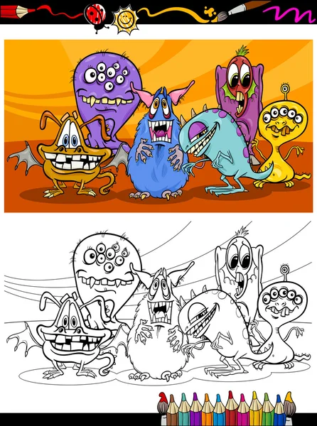 Cartoon Monster Gruppe Ausmalbilder Seite — Stockvektor