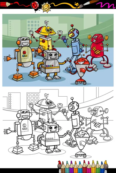 Robots dessin animé coloriage de groupe — Image vectorielle