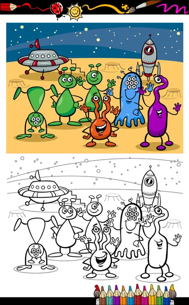 Desene animate ufo străinilor grup pagina de colorat — Vector de stoc