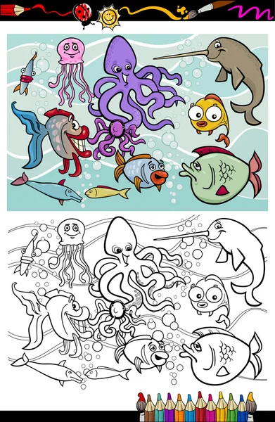 Libro da colorare di gruppo animali della vita marina — Vettoriale Stock