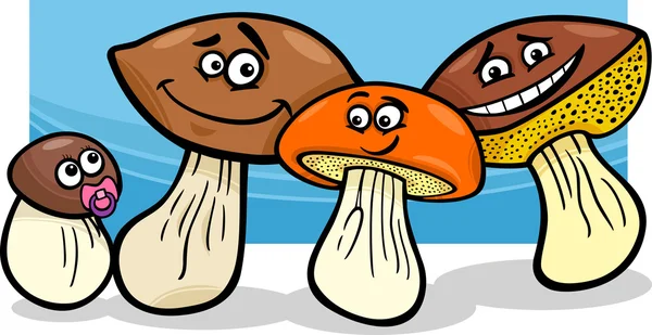 Mushrooms group cartoon illustration — Stock Vector