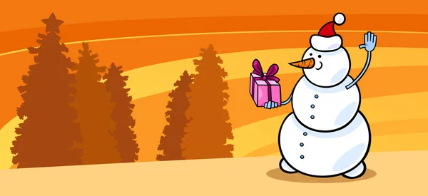 Bonhomme de neige Père Noël avec carte cadeau dessin animé — Image vectorielle