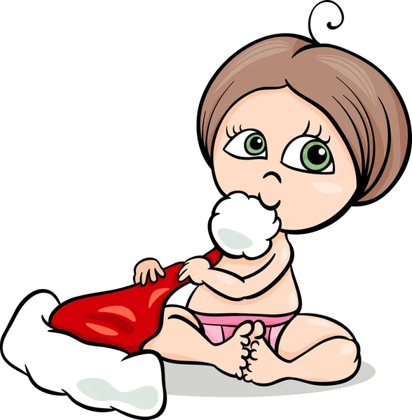 Baby Mädchen mit Weihnachtsmütze Karikatur — Stockvektor