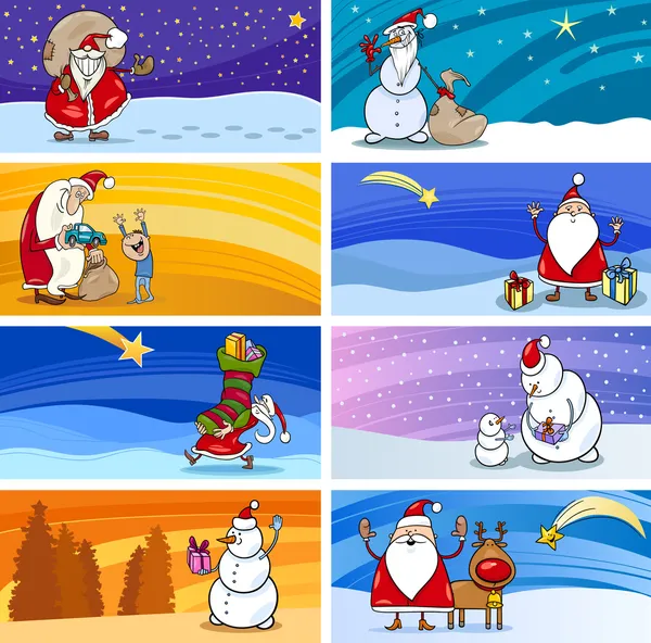 Tarjetas de felicitación de dibujos animados con Santa Claus — Vector de stock