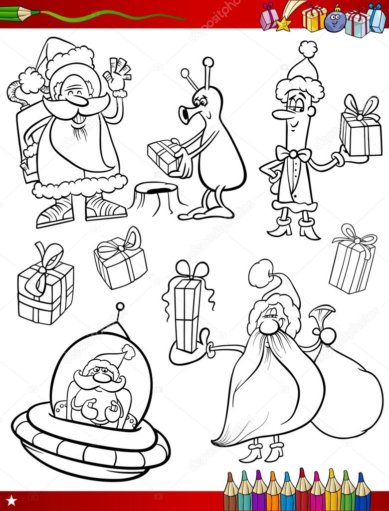 Illustrazione di cartone animato libro di temi di Natale bianco e nero di coloring set con santa claus e l alieno — Vettoriali di izakowski