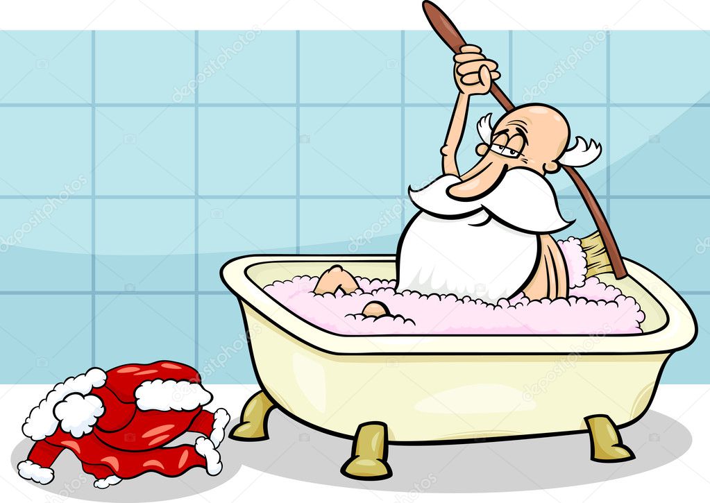 santa taking bath cartoon illustration