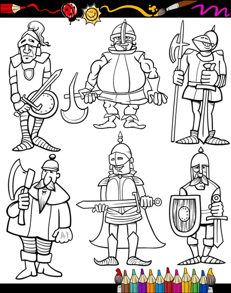 Conjunto de desenhos animados de cavaleiros para colorir livro — Vetor de Stock