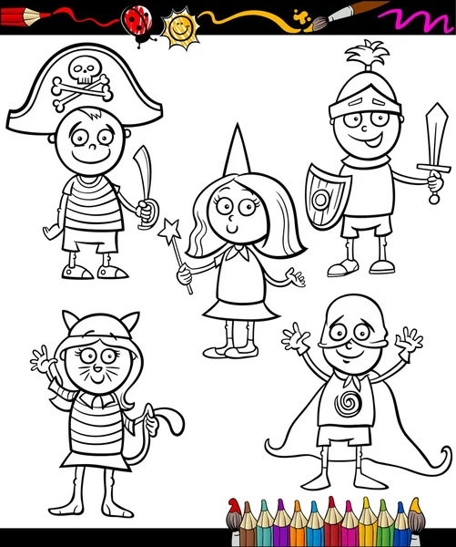 Enfants en costumes ensemble coloriage — Image vectorielle