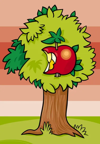 Nibbled apple on tree cartoon illustration — Stock Vector