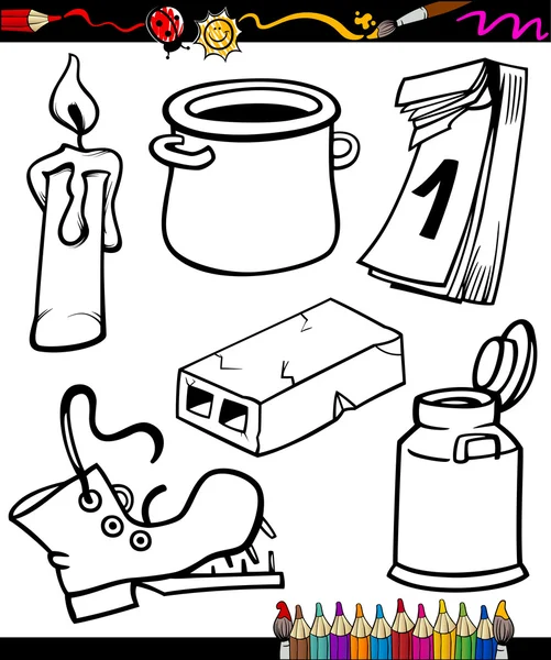 Objetos conjunto de dibujos animados para colorear libro — Vector de stock