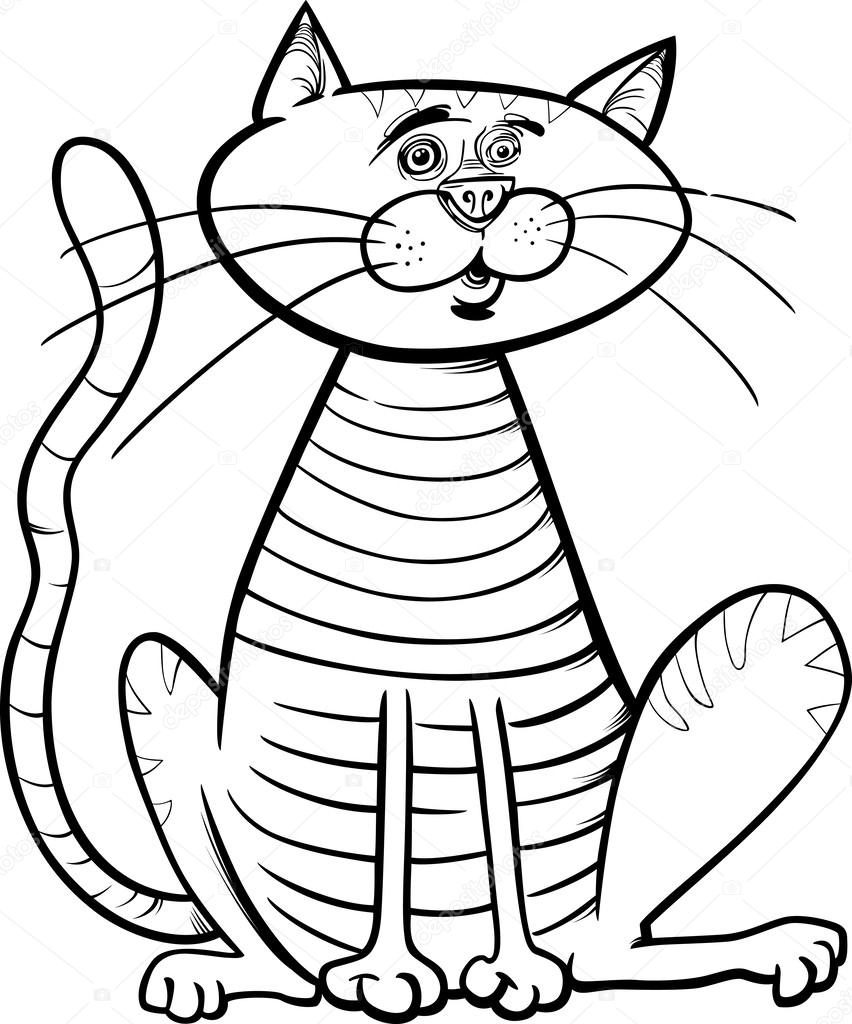 Bianco e nero fumetto illustrazione del gatto seduto per libro da colorare di disegno — Vettoriali di izakowski