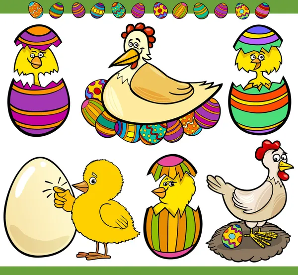 Gallinas de Pascua conjunto ilustración de dibujos animados — Vector de stock