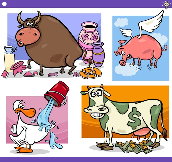 Juegos de dichos de dibujos animados o conceptos de proverbios — Vector de stock
