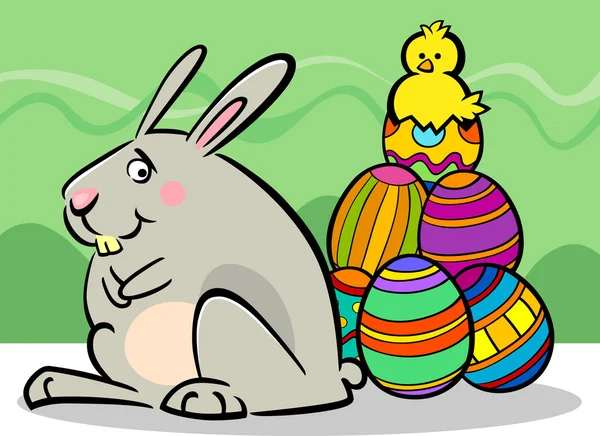 Easter bunny and eggs cartoon illustration — Stock Vector