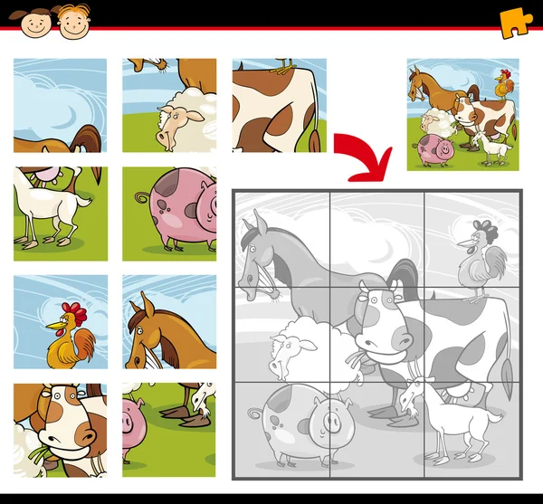 Cartoon Bauernhof Tiere Puzzle — Stockvektor