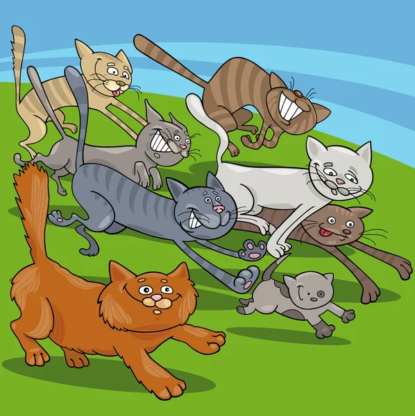 Correr gatos dibujos animados ilustración — Vector de stock