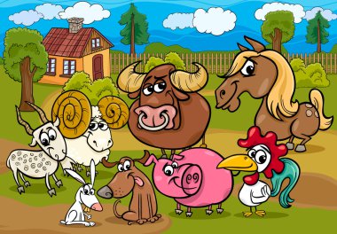 çiftlik hayvanları grup karikatür çizimi