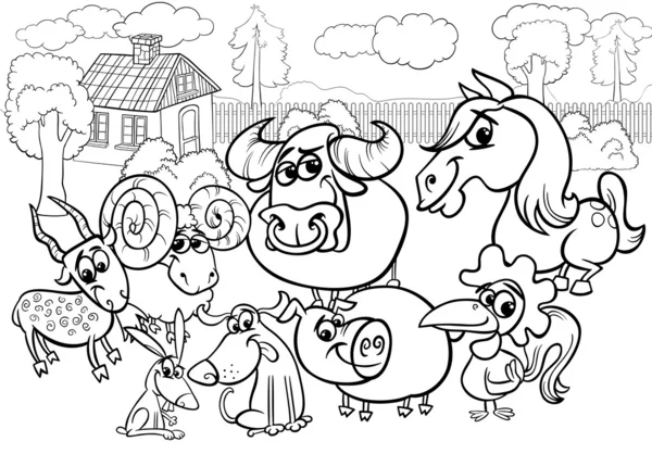 Animales de granja dibujos animados para colorear página — Vector de stock