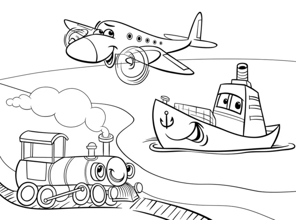 Avião navio trem cartoon página para colorir — Vetor de Stock