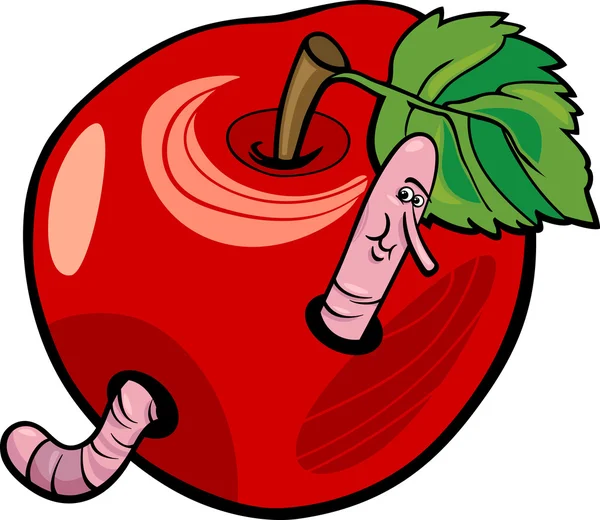 Manzana con ilustración de dibujos animados gusano — Archivo Imágenes Vectoriales