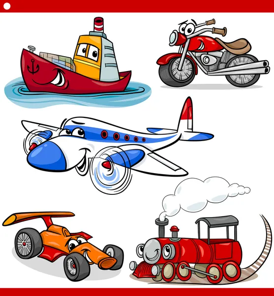 Divertidos vehículos de dibujos animados y coches conjunto — Vector de stock