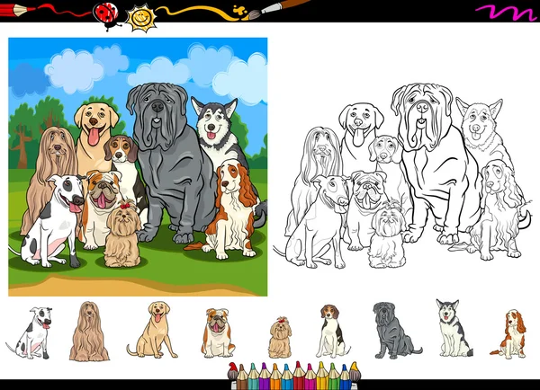 Raças de cães desenhos animados conjunto de páginas para colorir — Vetor de Stock