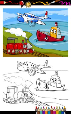 karikatür uçak tren gemi boyama sayfası