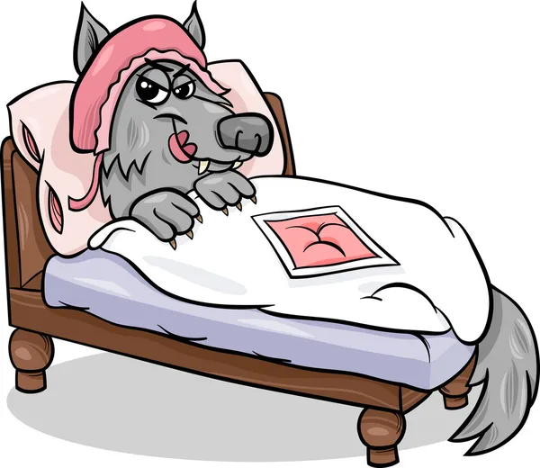 Плохой волк в постели иллюстрация мультфильма — стоковый вектор