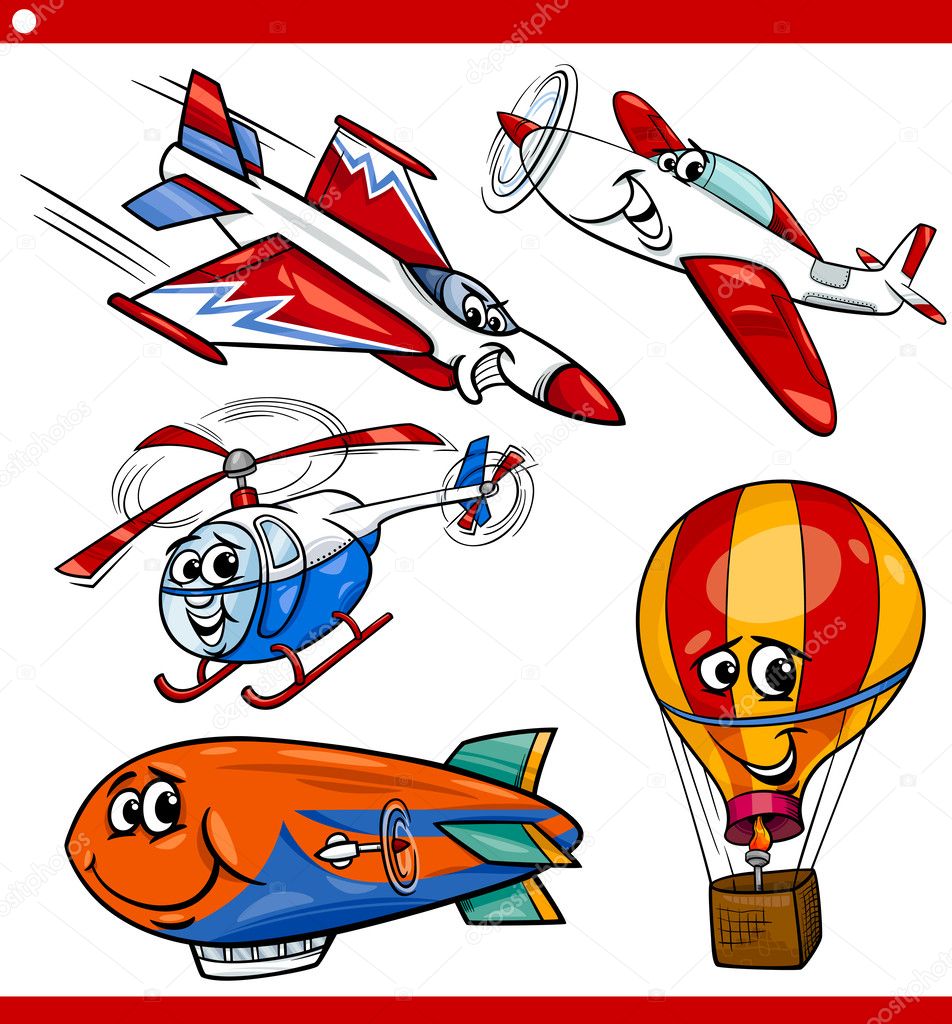 funny cartoon aircraft vehicles set