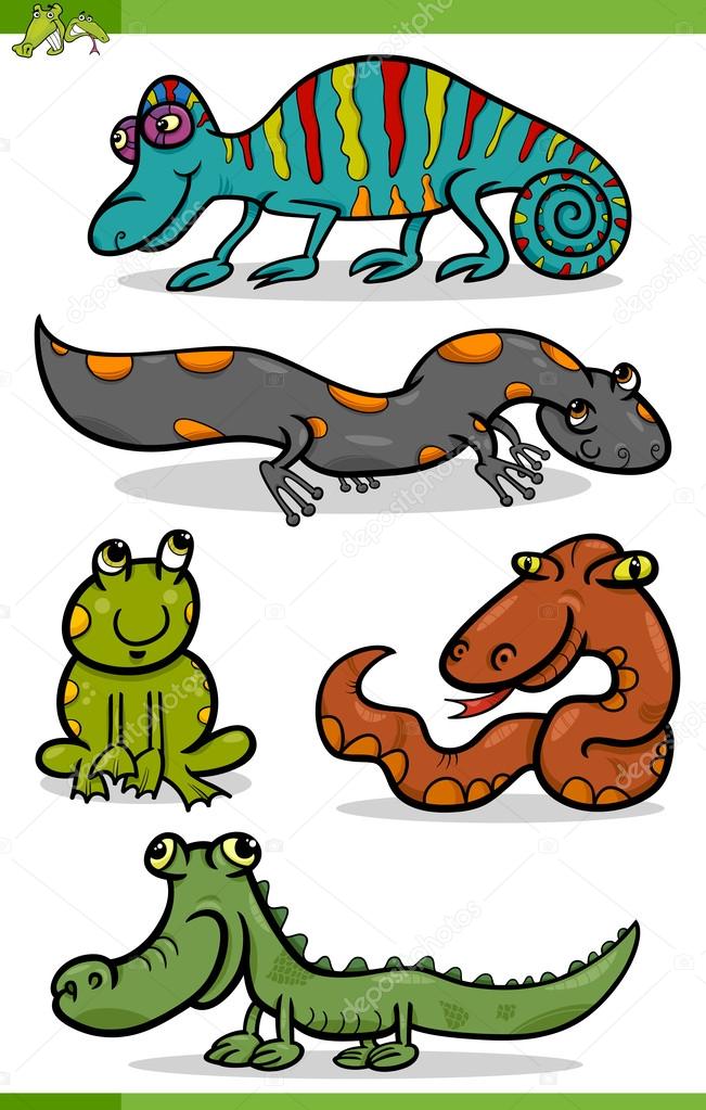 reptiles and amphibians cartoon set